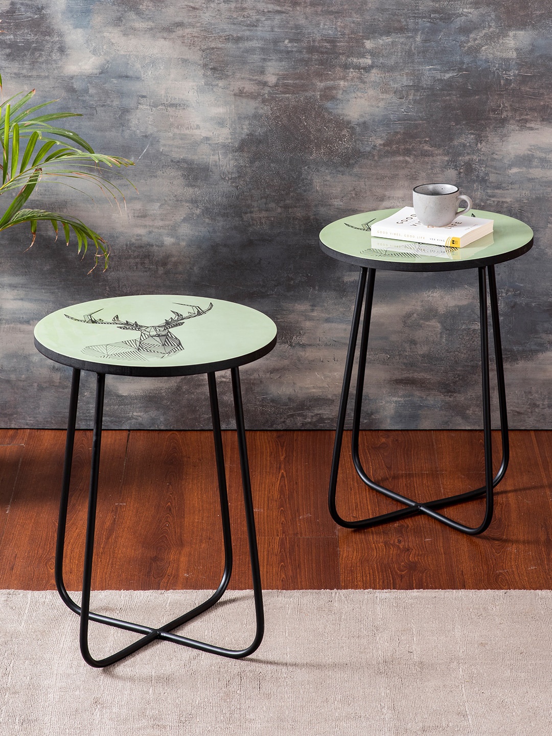 

nestroots Set Of 2 Green Printed Cross Legs Ottomans