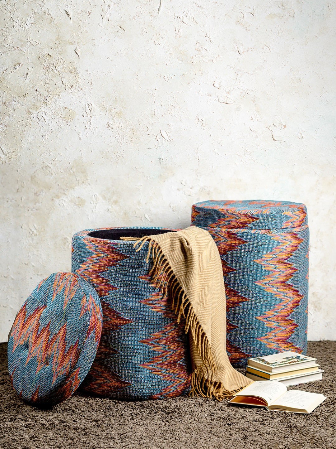 

nestroots Blue & Pink Set Of 2 Woven Design Ottomans