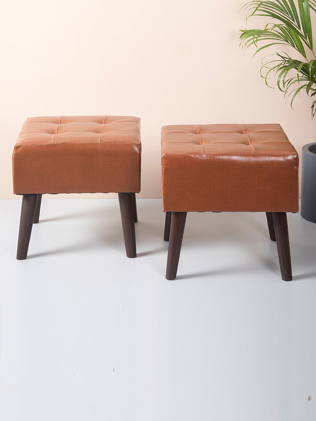 

nestroots Brown Set Of 2 Leather Square Shaped Ottomans