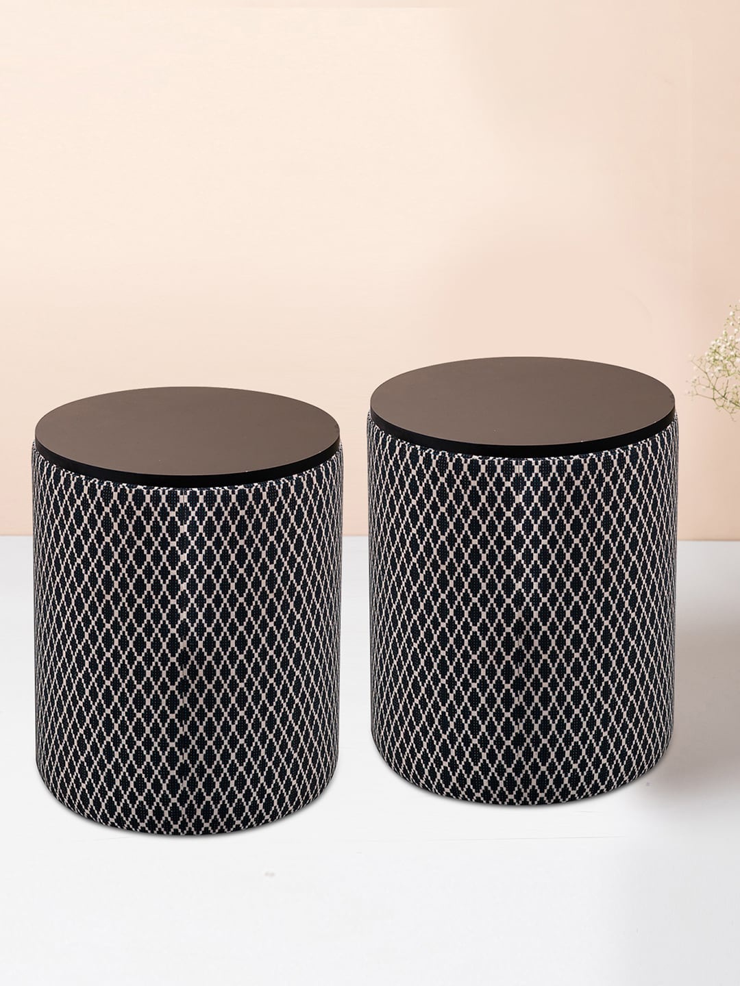 

nestroots Black & White Set Of 2 Woven Design Jacquard Ottomans