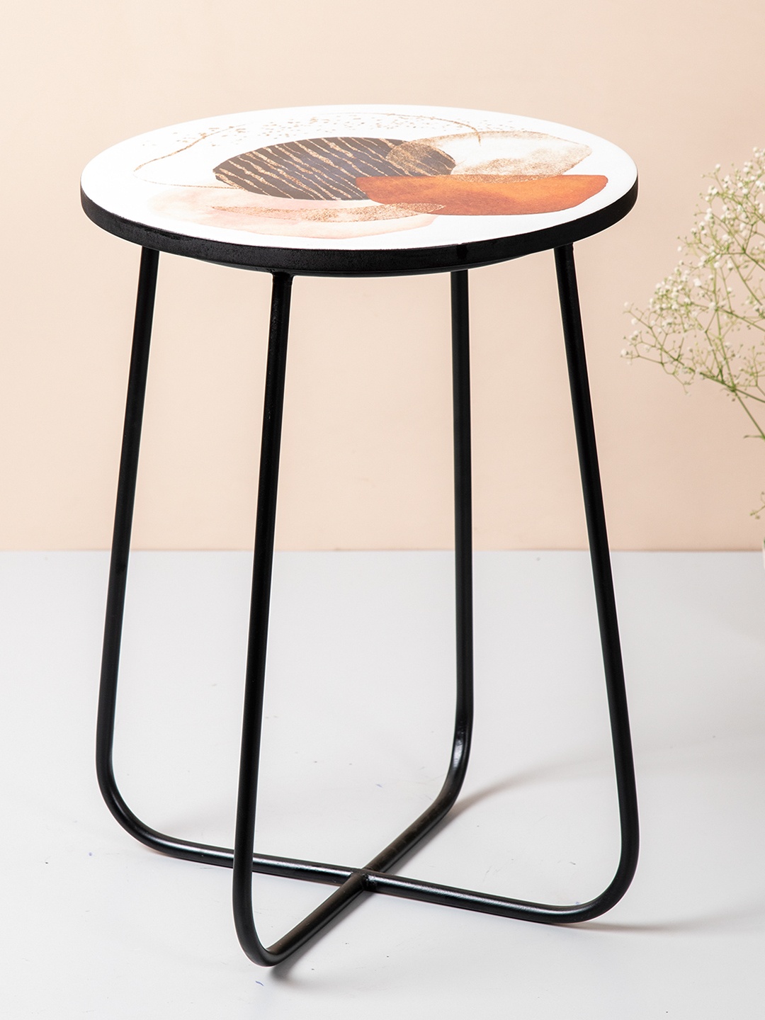 

nestroots White & Orange Enamel Printed Stool