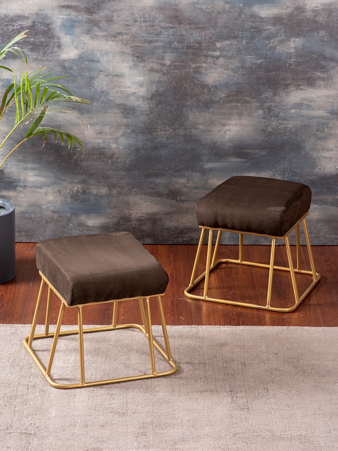 

nestroots Coffee Brown & Gold Toned Set Of 2 Cotton Ottomans