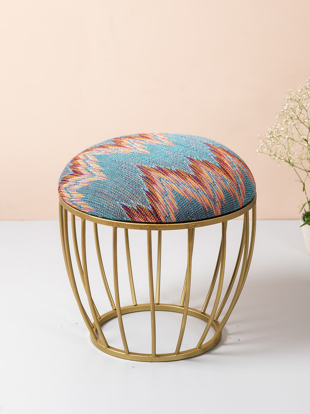 

nestroots Blue & Pink Set of 2 Self Design Round Ottomans
