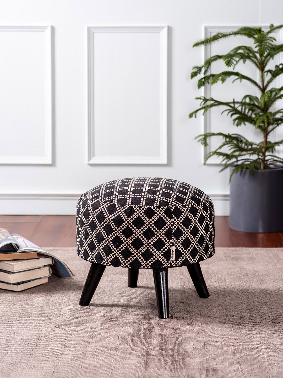 

nestroots Black & White Printed Wooden Ottomans Stool