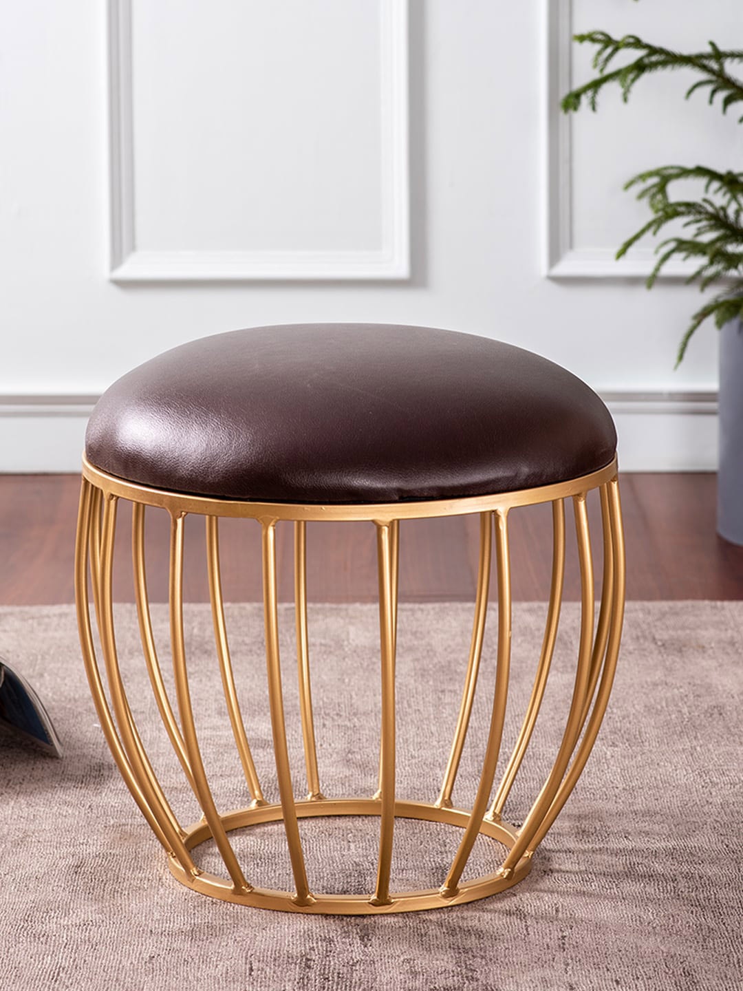 

nestroots Coffee Brown and Gold Toned Textured Round Ottomans