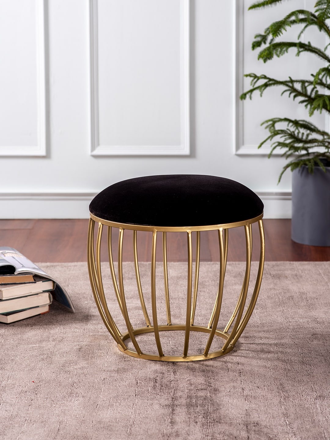 

nestroots Black & Golden Round Cage Ottoman Stool