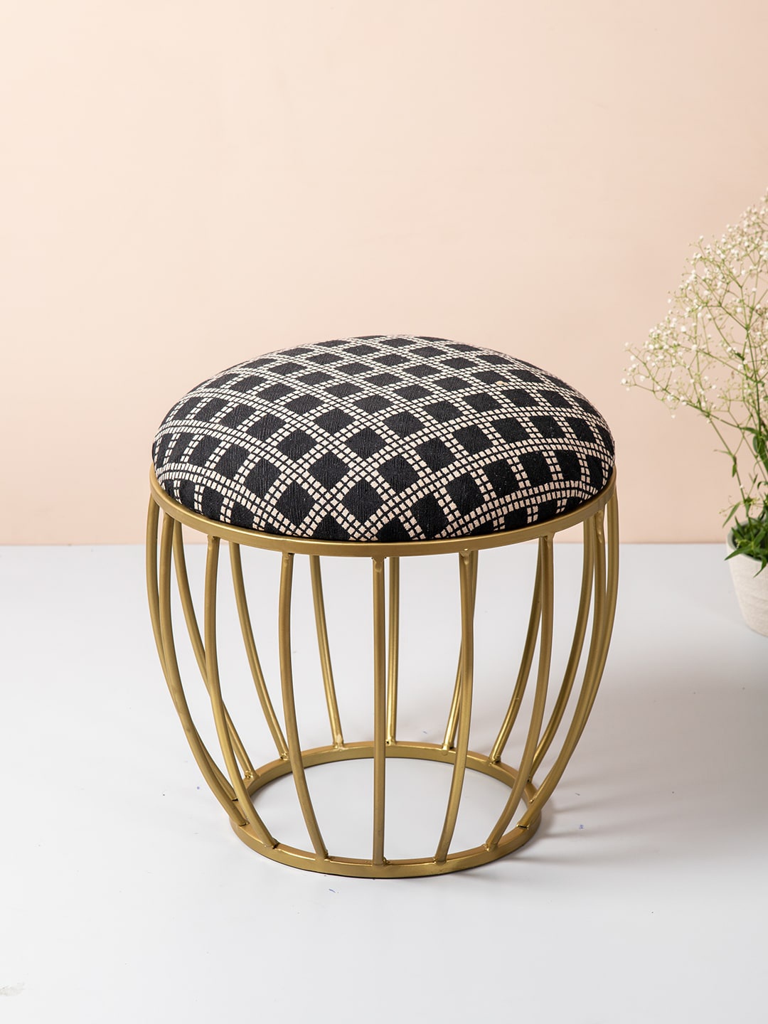 

nestroots Set Of 2 Black and White Woven Design Cotton Cage Legs Ottomans