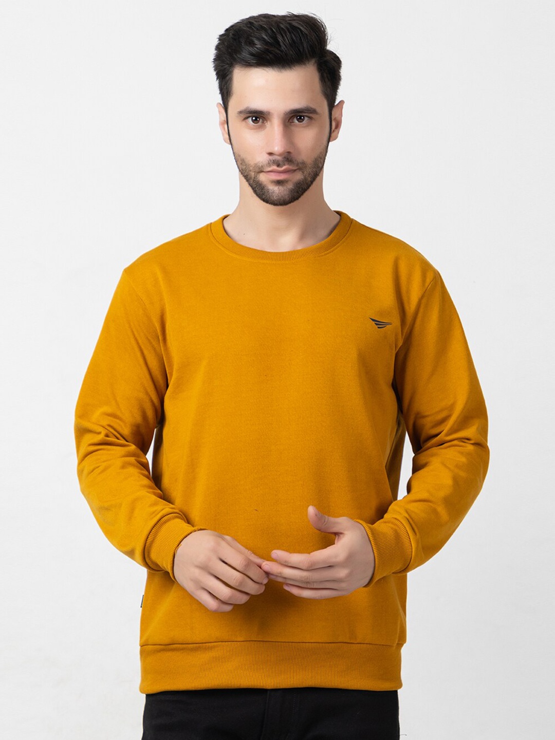 

Oakmans Men Solid Ribbed Hemline Knitted Pullover Sweatshirt, Mustard
