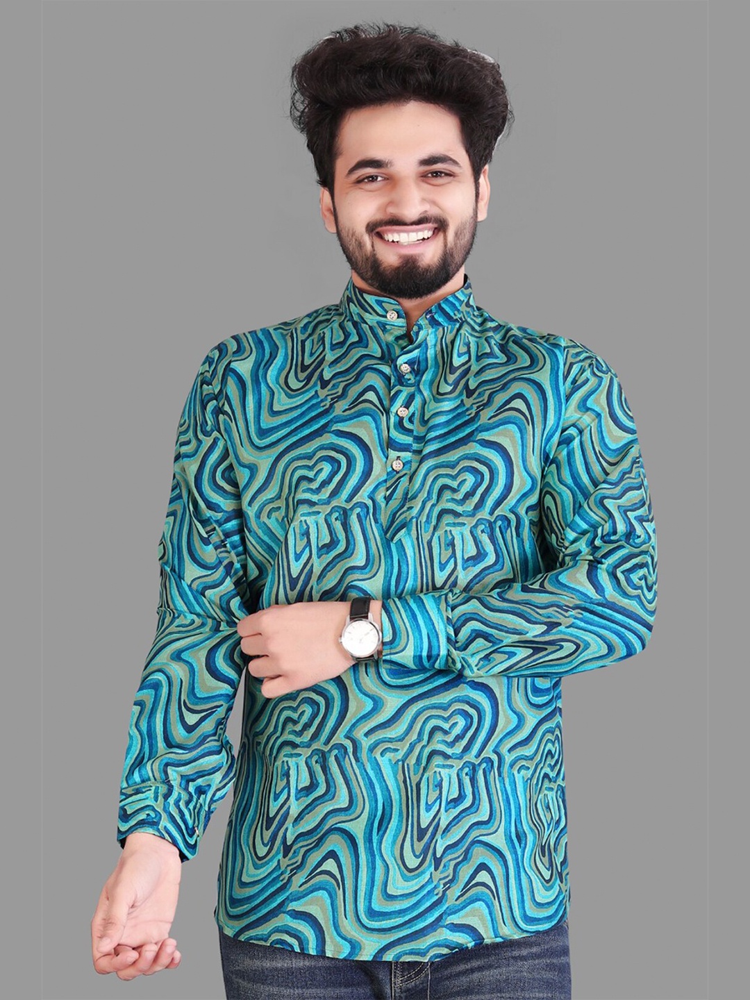 

Fashion FRICKS Men Printed Cotton Kurta, Teal