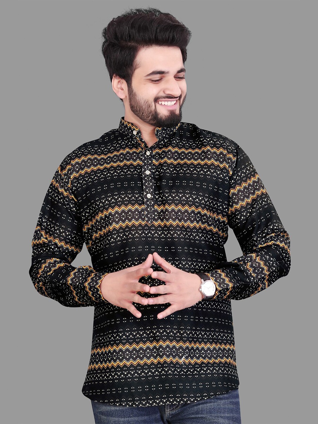 

Fashion FRICKS Men Cotton Classic Printed Casual Shirt, Black