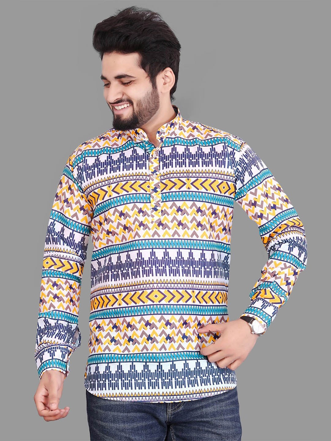 

Fashion FRICKS Men Cotton Classic Printed Casual Shirt, Blue