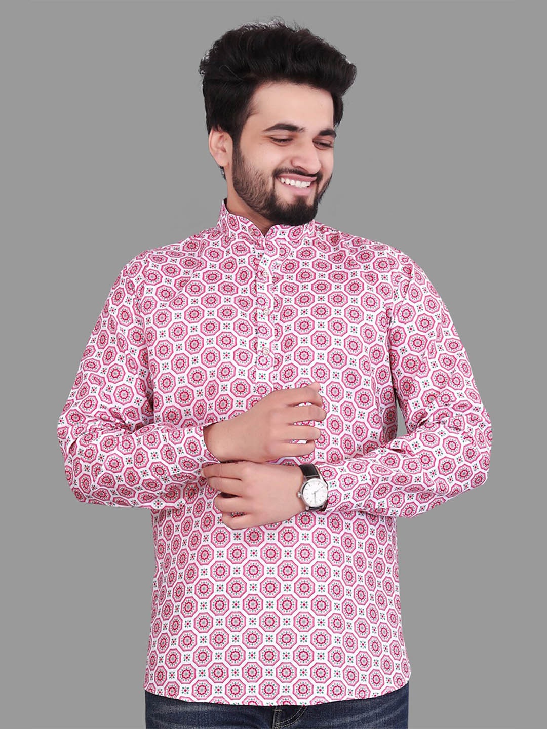 

Fashion FRICKS Men Cotton Classic Printed Casual Shirt, Pink
