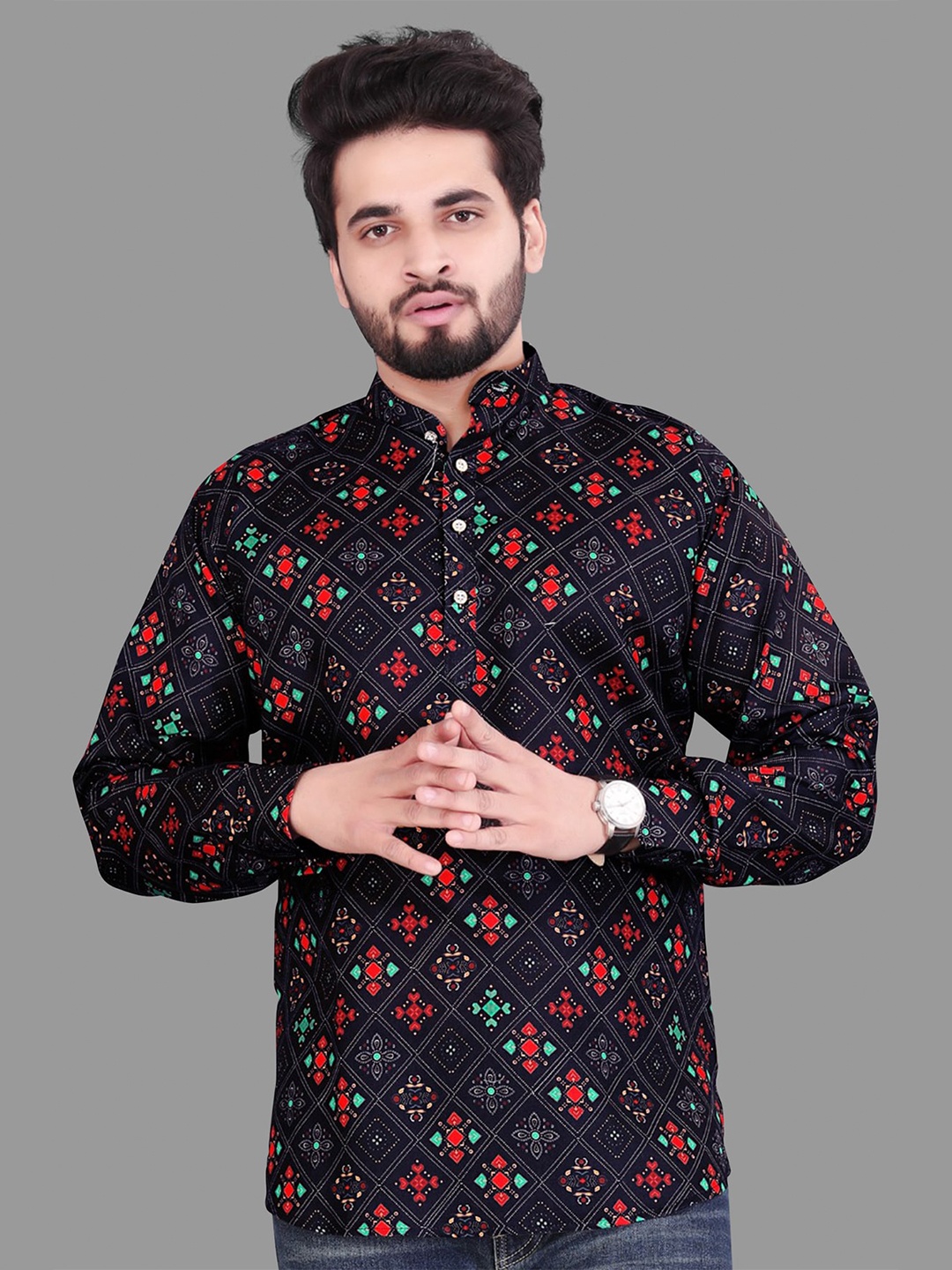 

Fashion FRICKS Men Cotton Classic Floral Printed Casual Shirt, Black