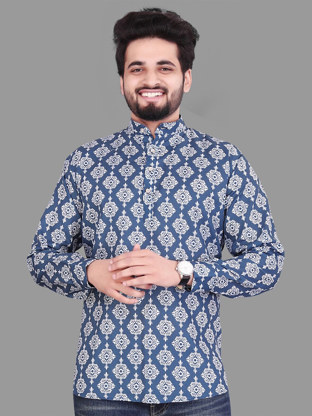 

Fashion FRICKS Men Cotton Classic Printed Casual Shirt, Blue