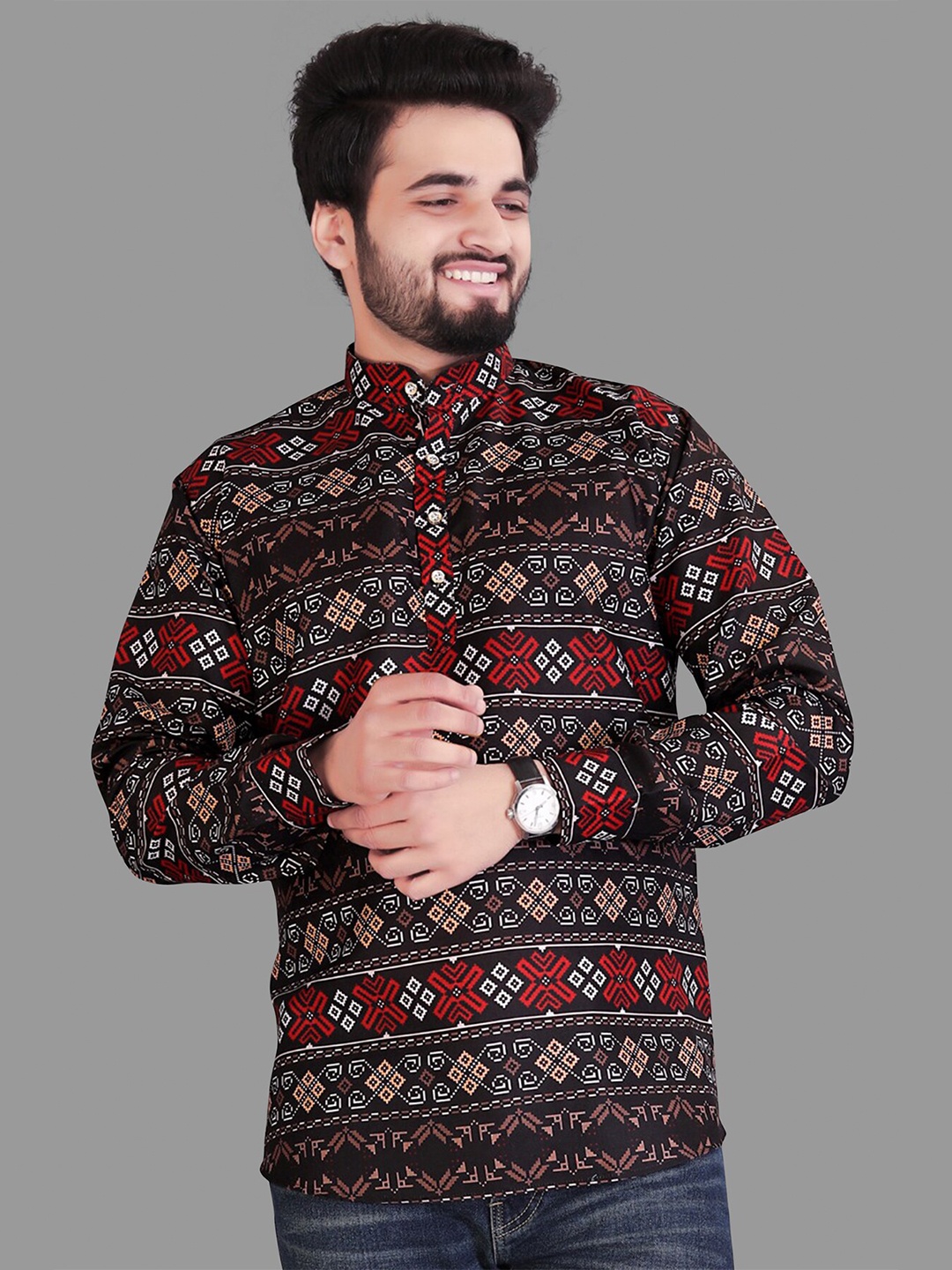 

Fashion FRICKS Men Classic Printed Casual Cotton Shirt, Black