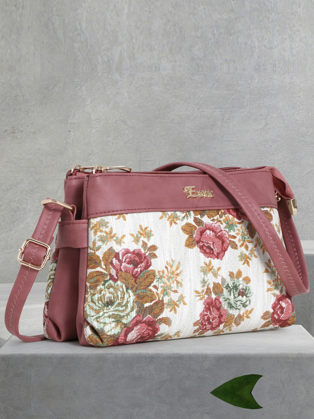 

Exotic Floral Printed Structured Sling Bag, Peach