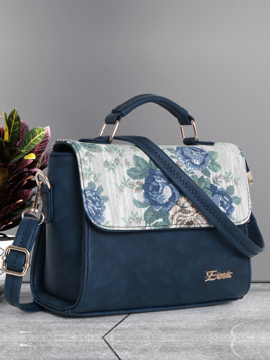 

Exotic Floral Printed Structured Satchel, Blue