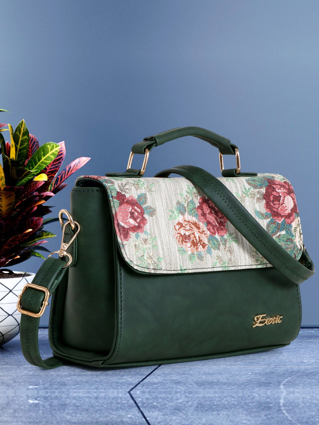 

Exotic Floral Printed PU Structured Satchel, Green