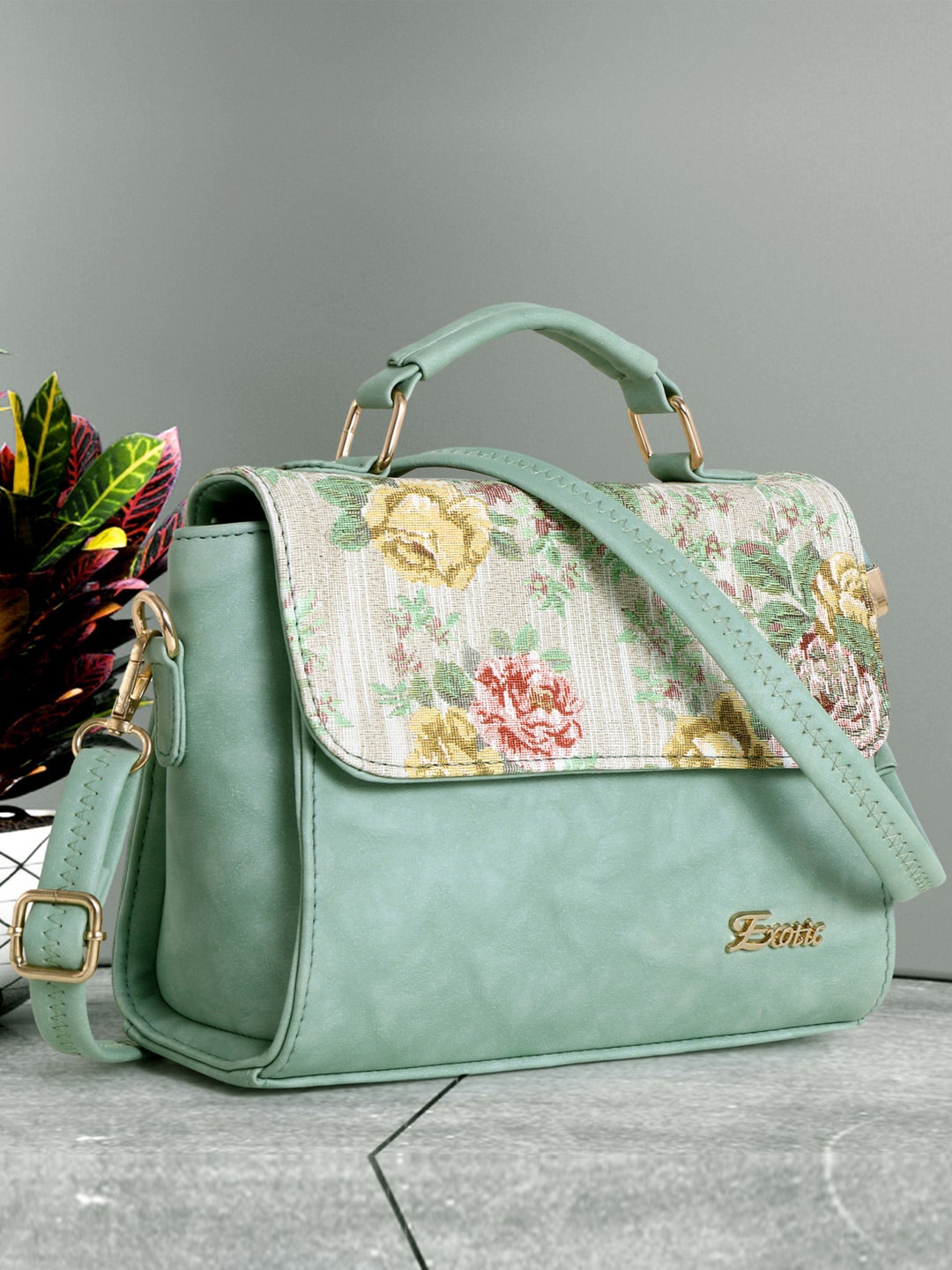 

Exotic Floral Structured Satchel, Green