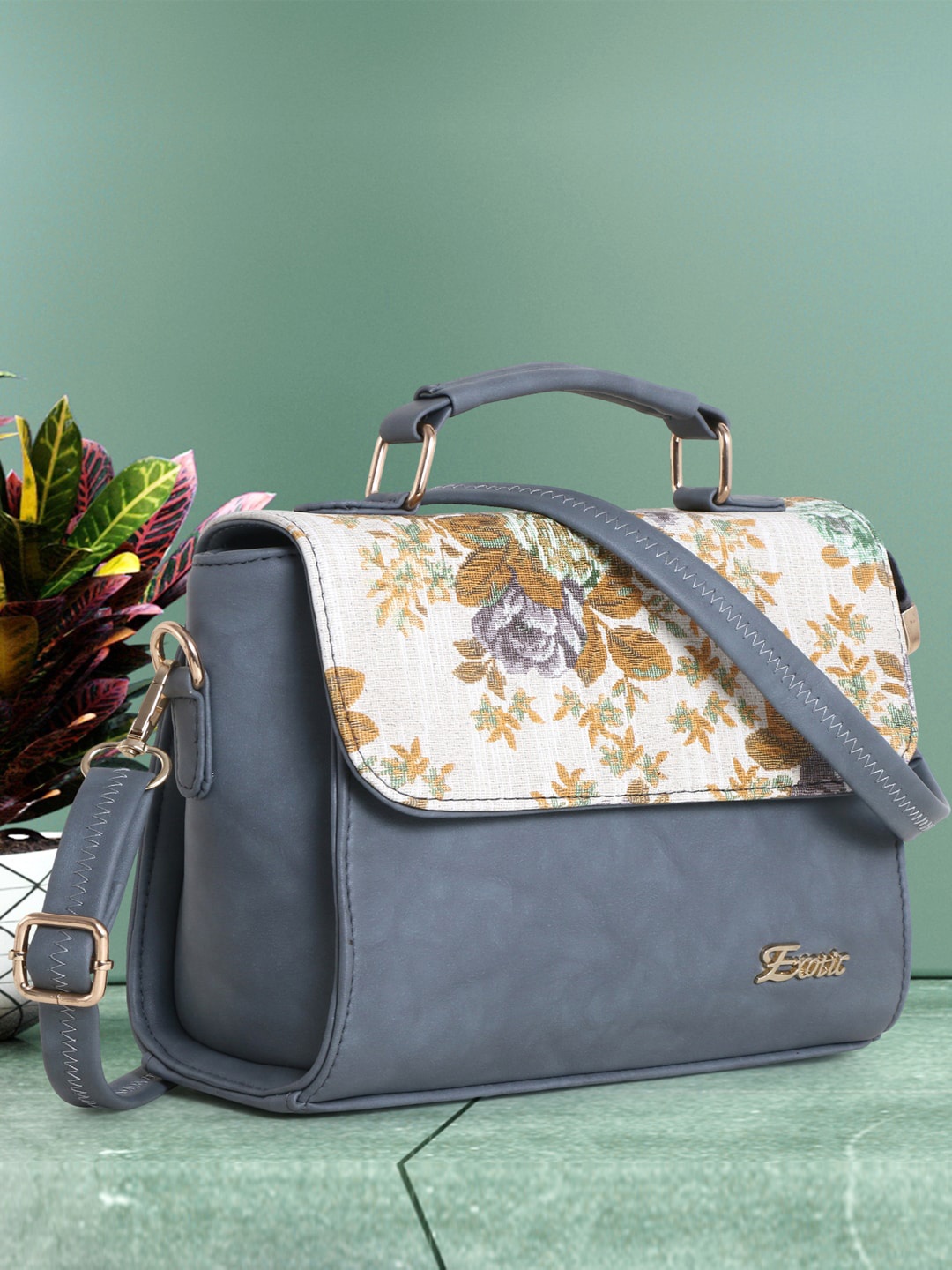 

Exotic Floral Printed Structured Satchel, Grey