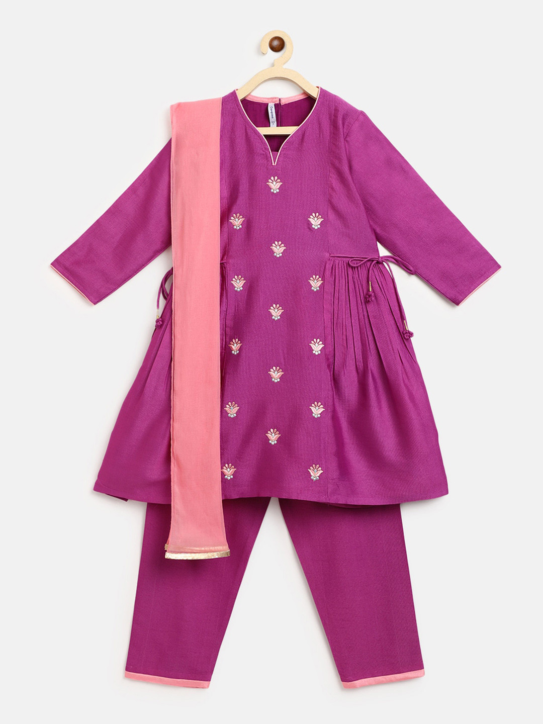 

Campana Girls Floral Embroidered Panelled Thread Work Kurta with Trousers & With Dupatta, Purple
