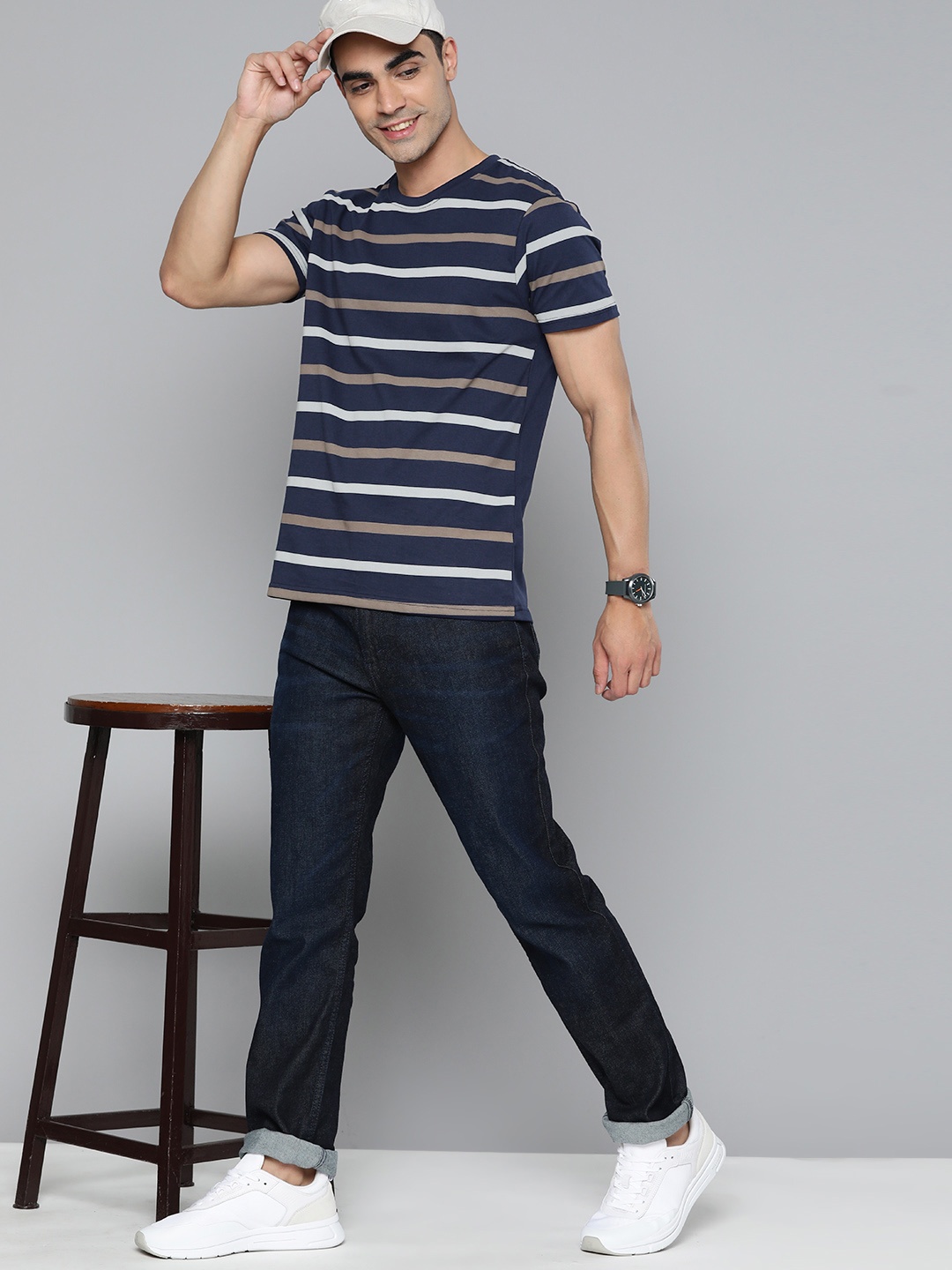 

HERE&NOW Striped Pure Cotton T-shirt, Navy blue