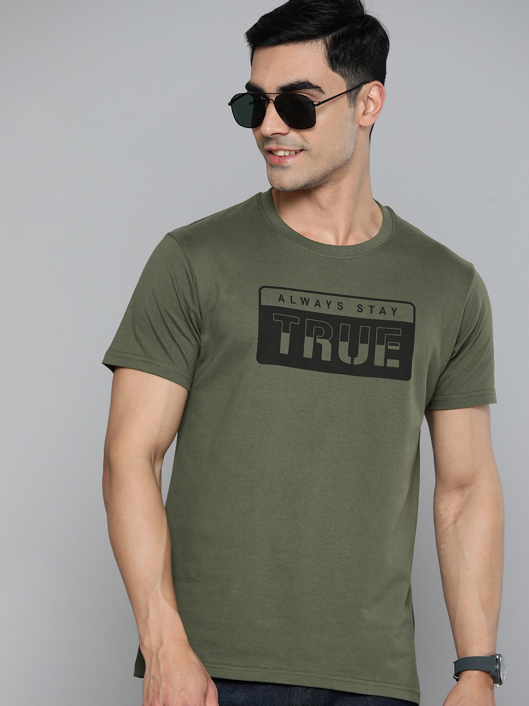 

HERE&NOW Typography Printed Pure Cotton T-shirt, Olive