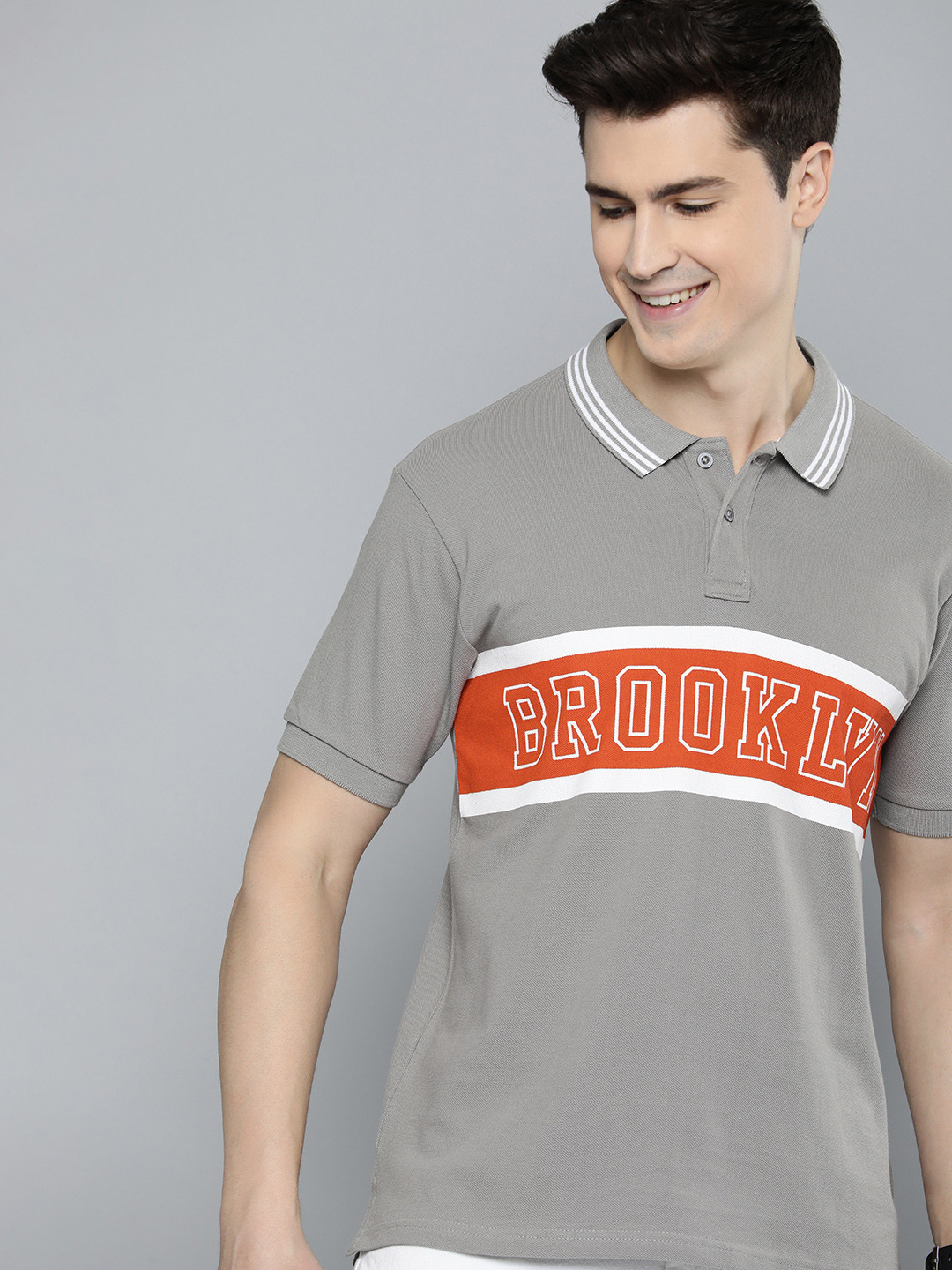 

HERE&NOW Typography Printed Polo Collar Pure Cotton T-shirt, Grey