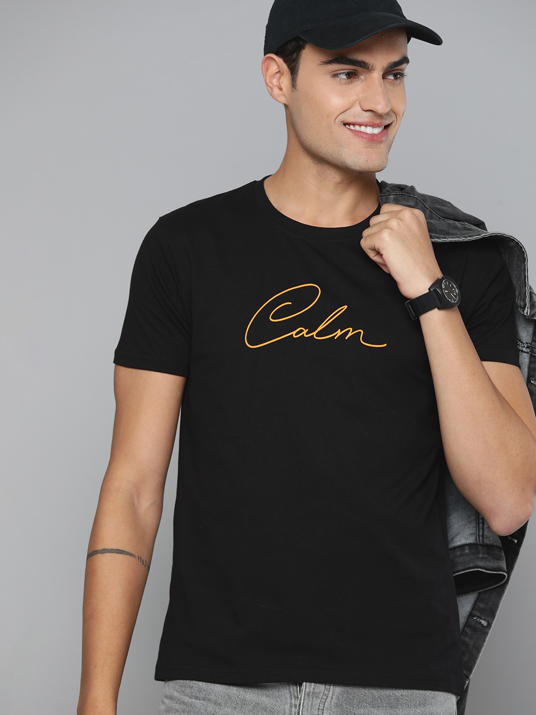 

HERE&NOW Typography Printed Pure Cotton T-shirt, Black