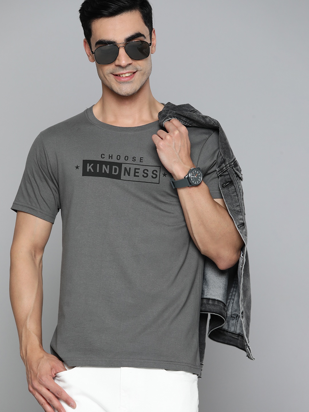 

HERE&NOW Typography Printed Pure Cotton T-shirt, Charcoal