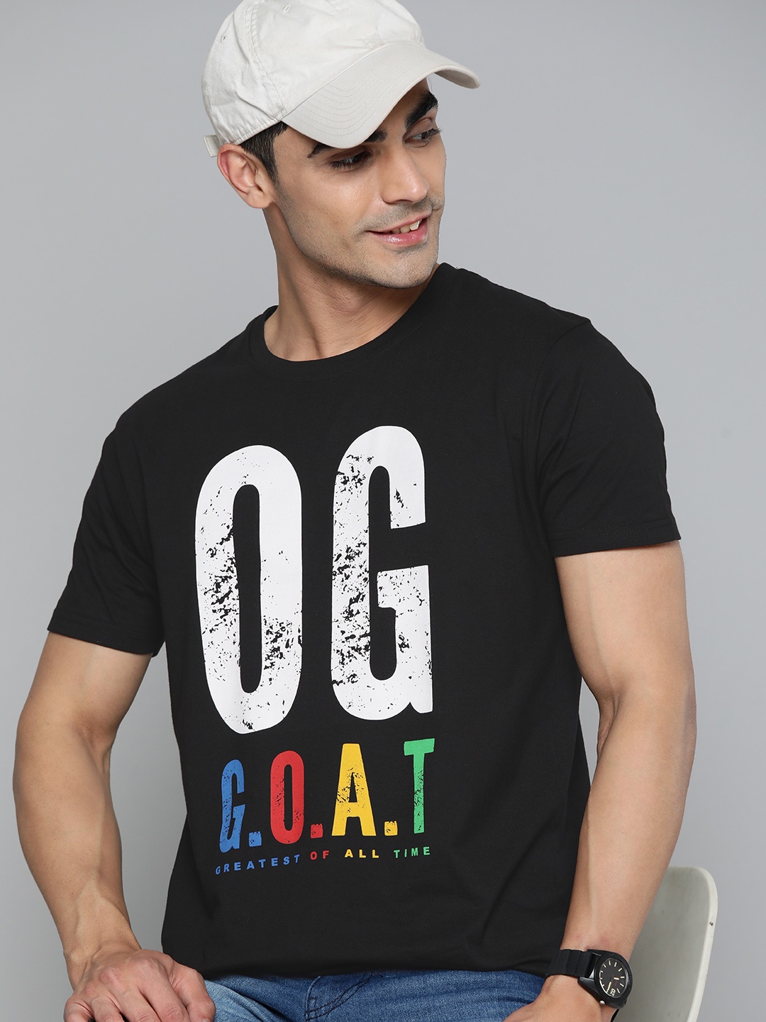 

HERE&NOW Men Pure Cotton Typography Printed T-shirt, Black