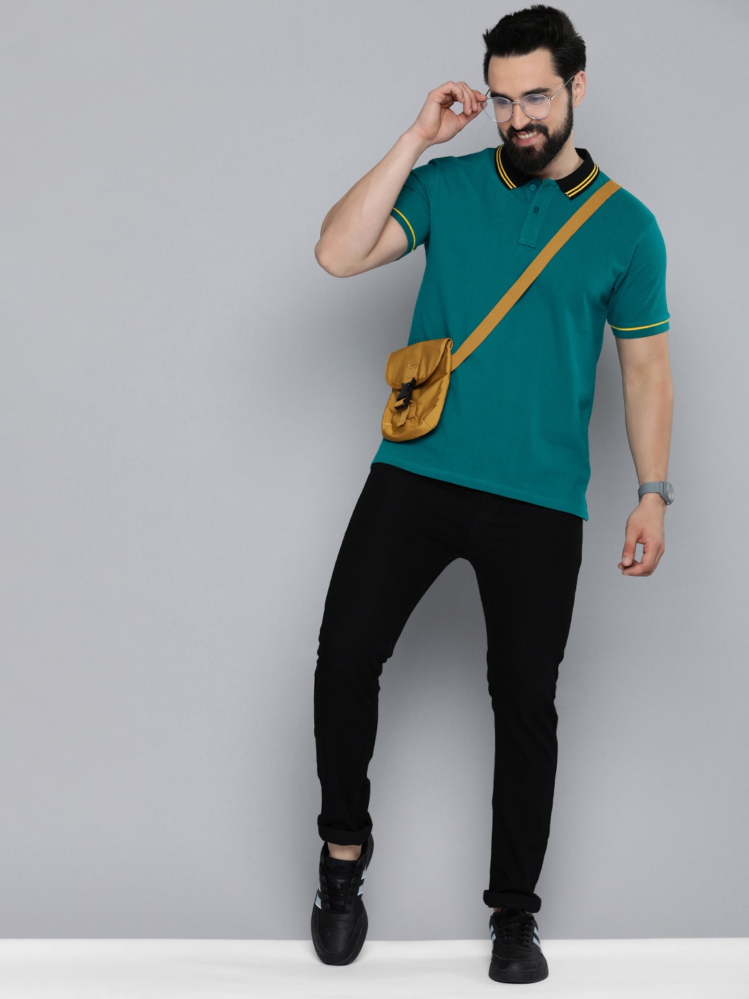 

HERE&NOW Contrast Polo Collar Pure Cotton T-shirt, Teal