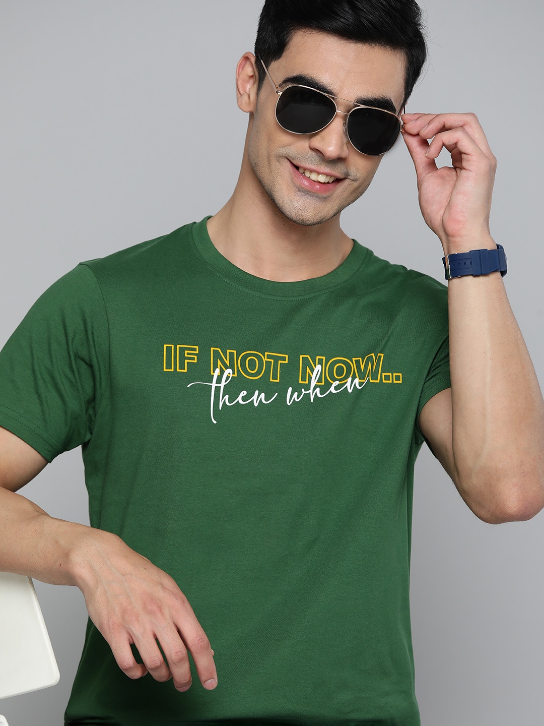 

HERE&NOW Pure Cotton Typography Printed T-shirt, Green