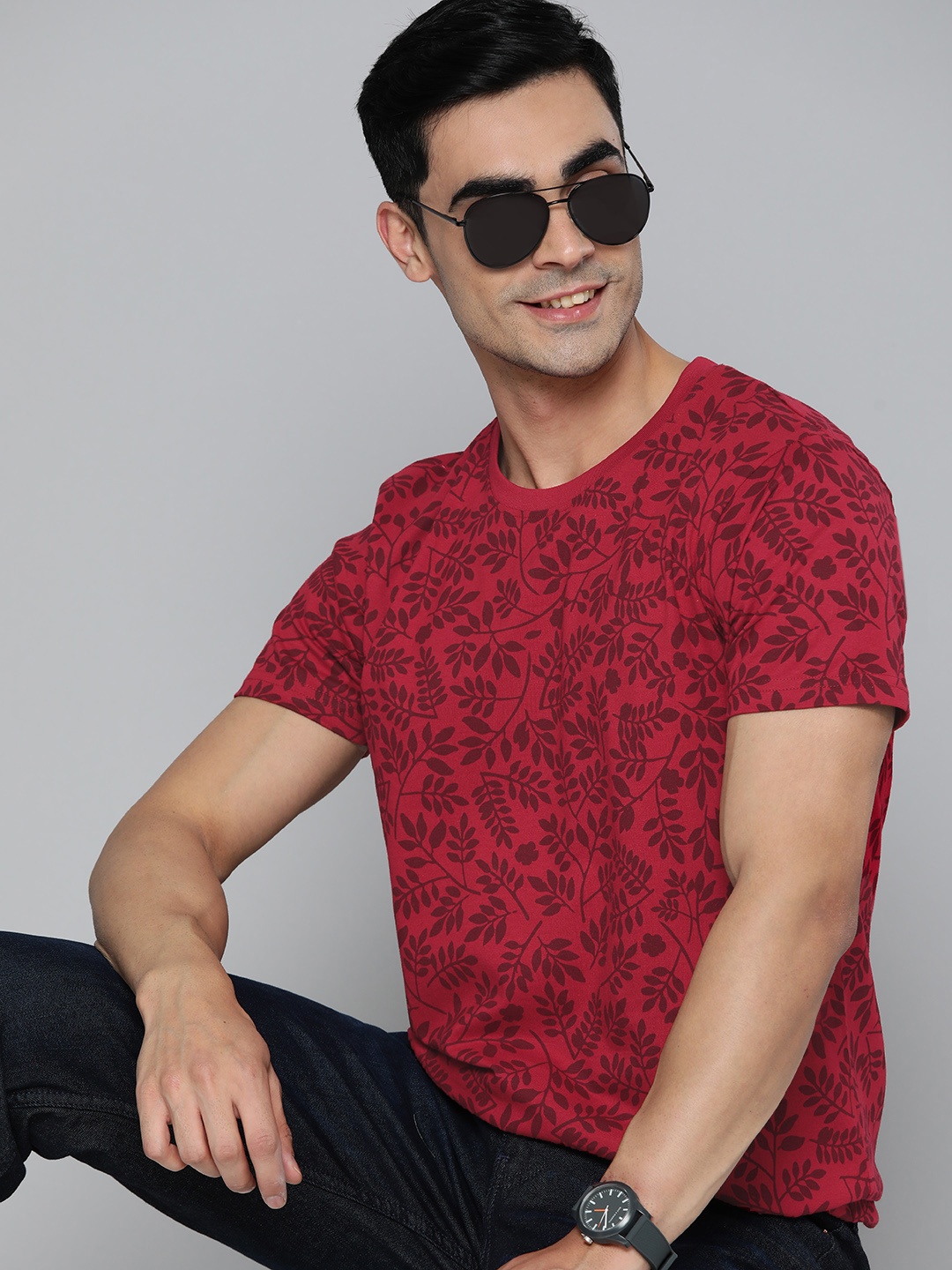 

HERE&NOW Floral Print Pure Cotton T-shirt, Red