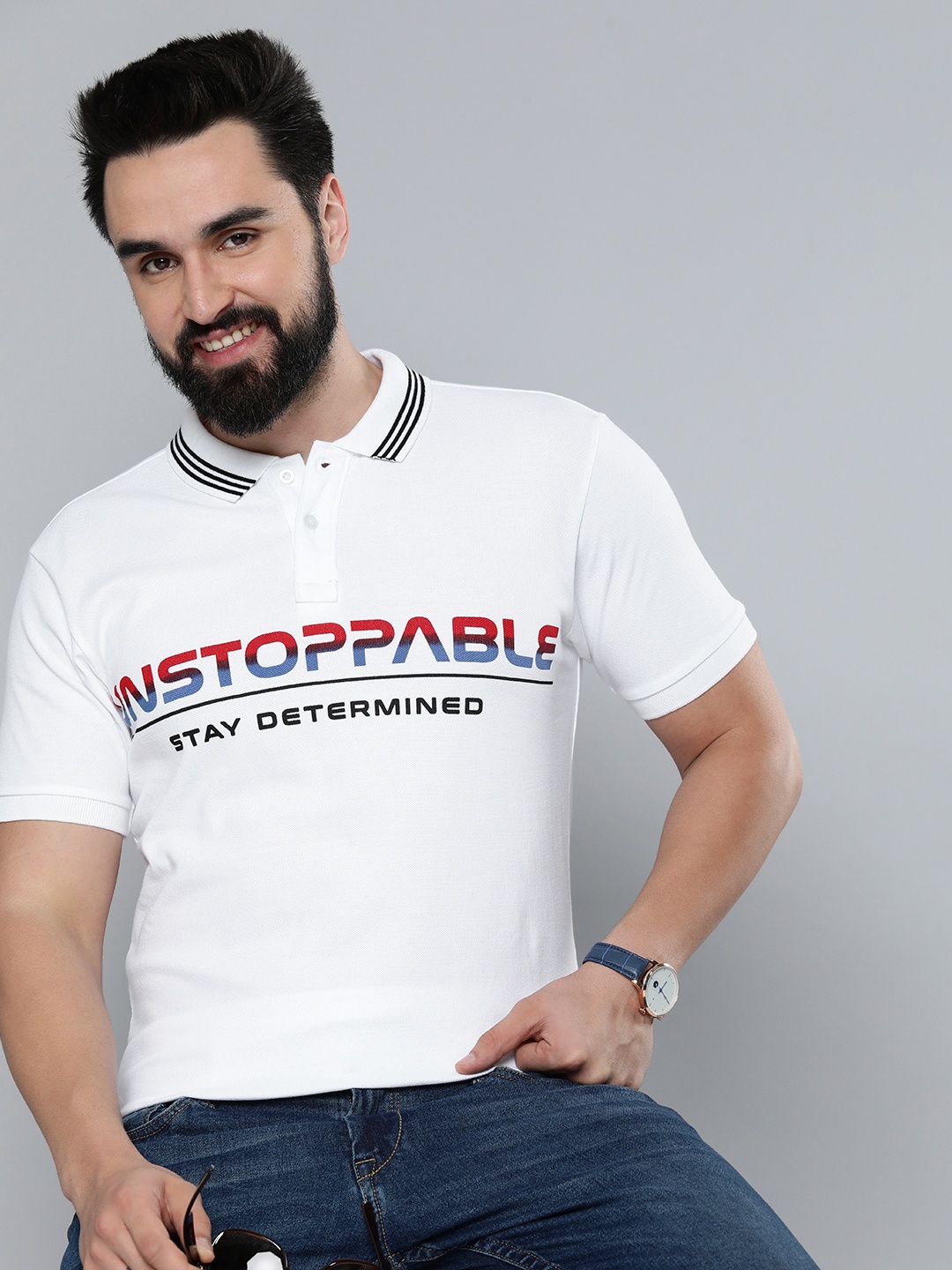 

HERE&NOW Typography Printed Polo Collar Pure Cotton T-shirt, White