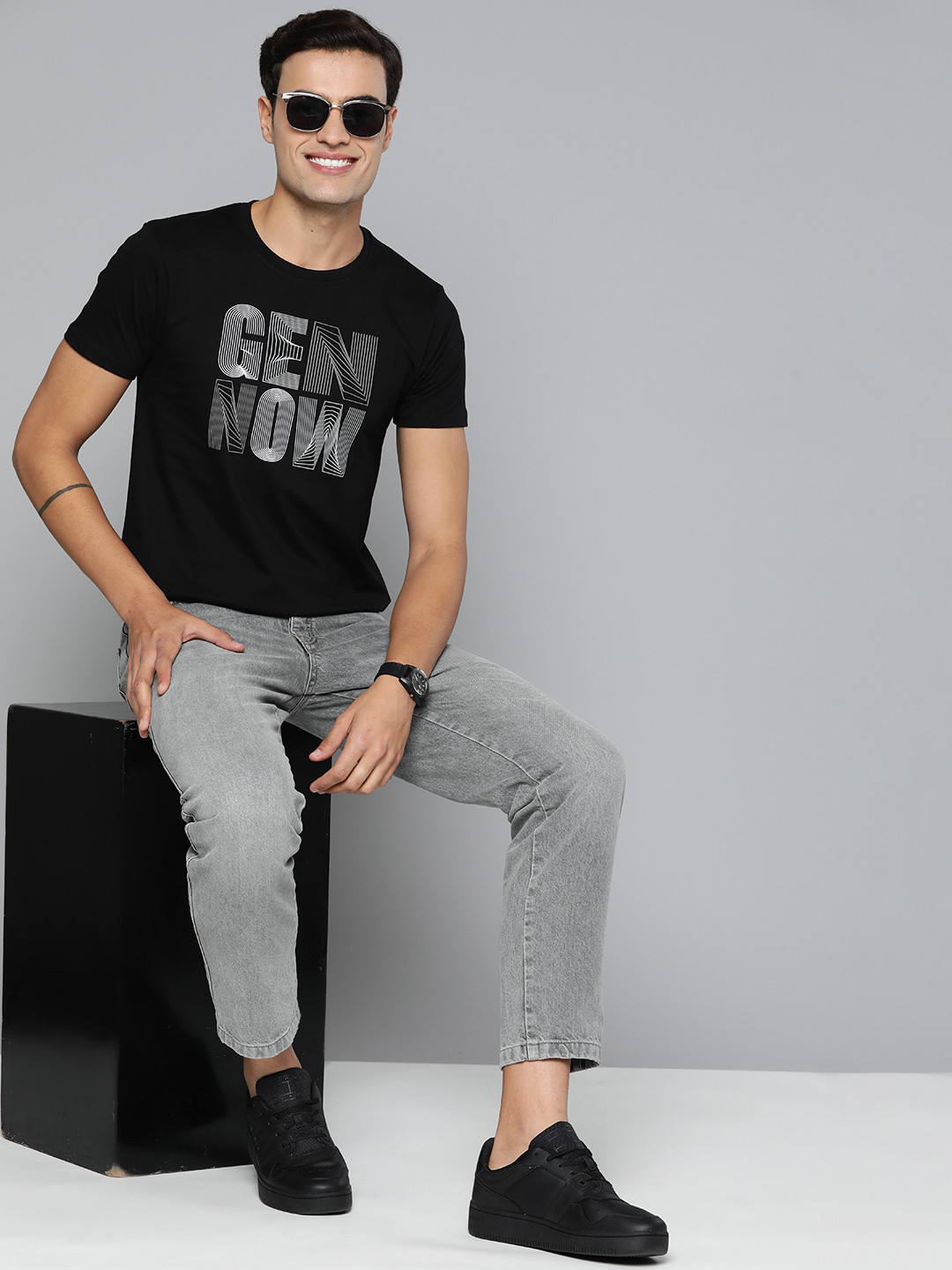 

HERE&NOW Typography Printed Pure Cotton T-shirt, Black