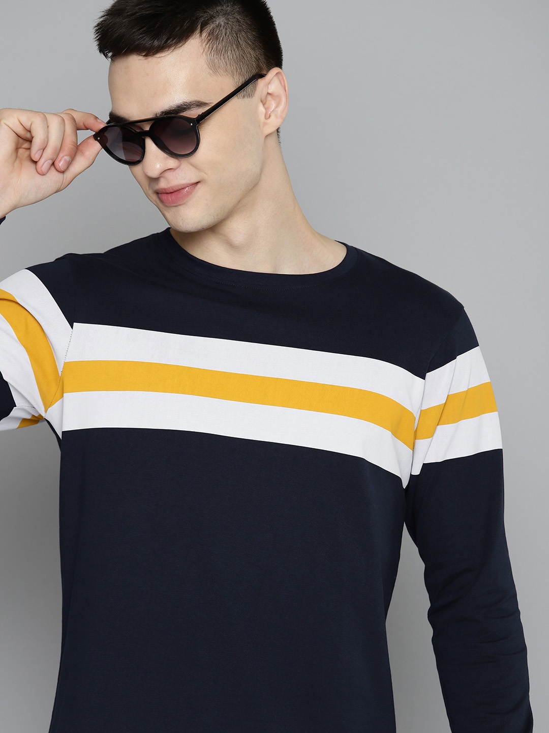 

HERE&NOW Striped Pure Cotton T-shirt, Navy blue
