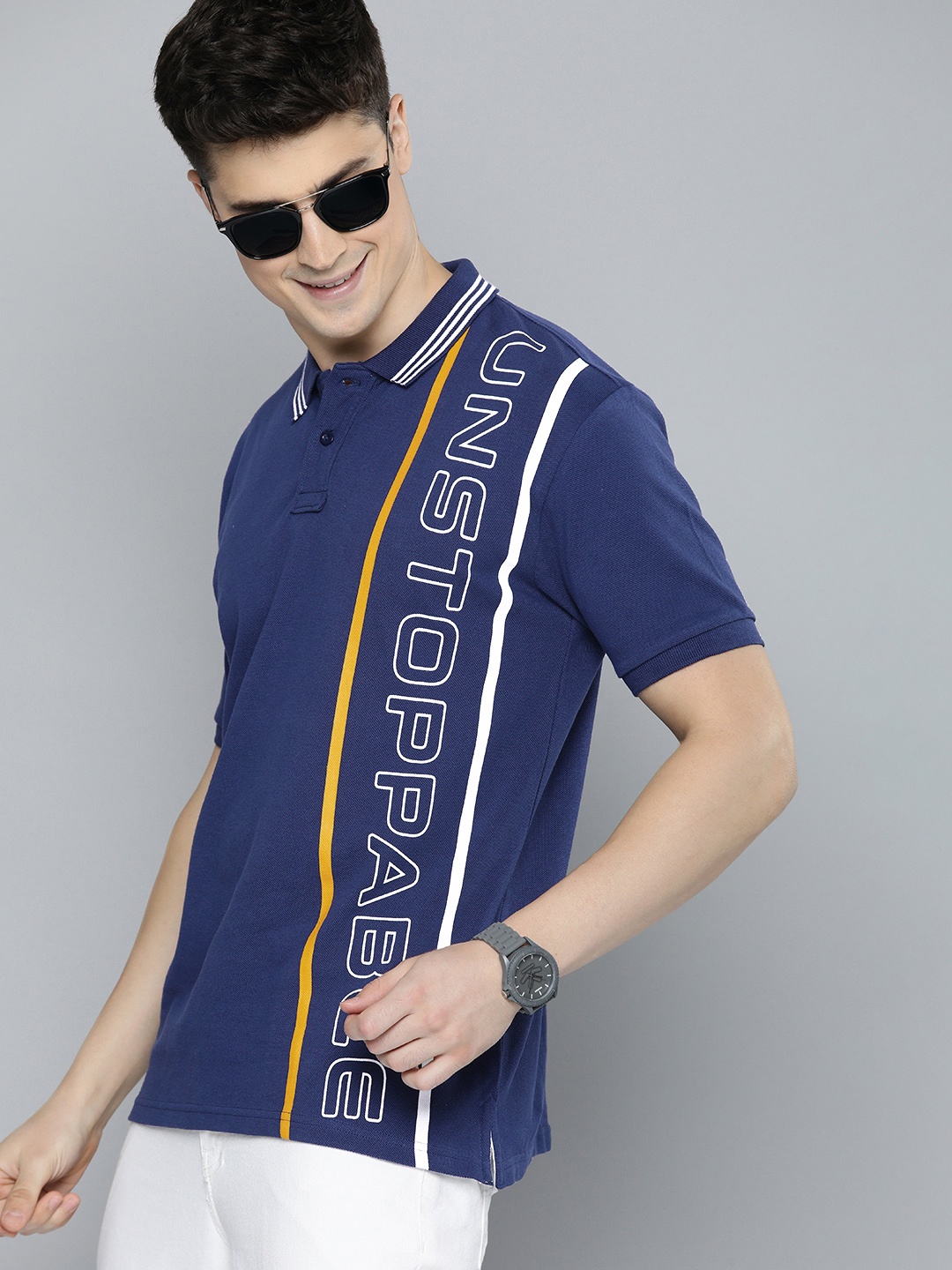 

HERE&NOW Men Pure Cotton Typography Printed Polo Collar T-shirt, Blue