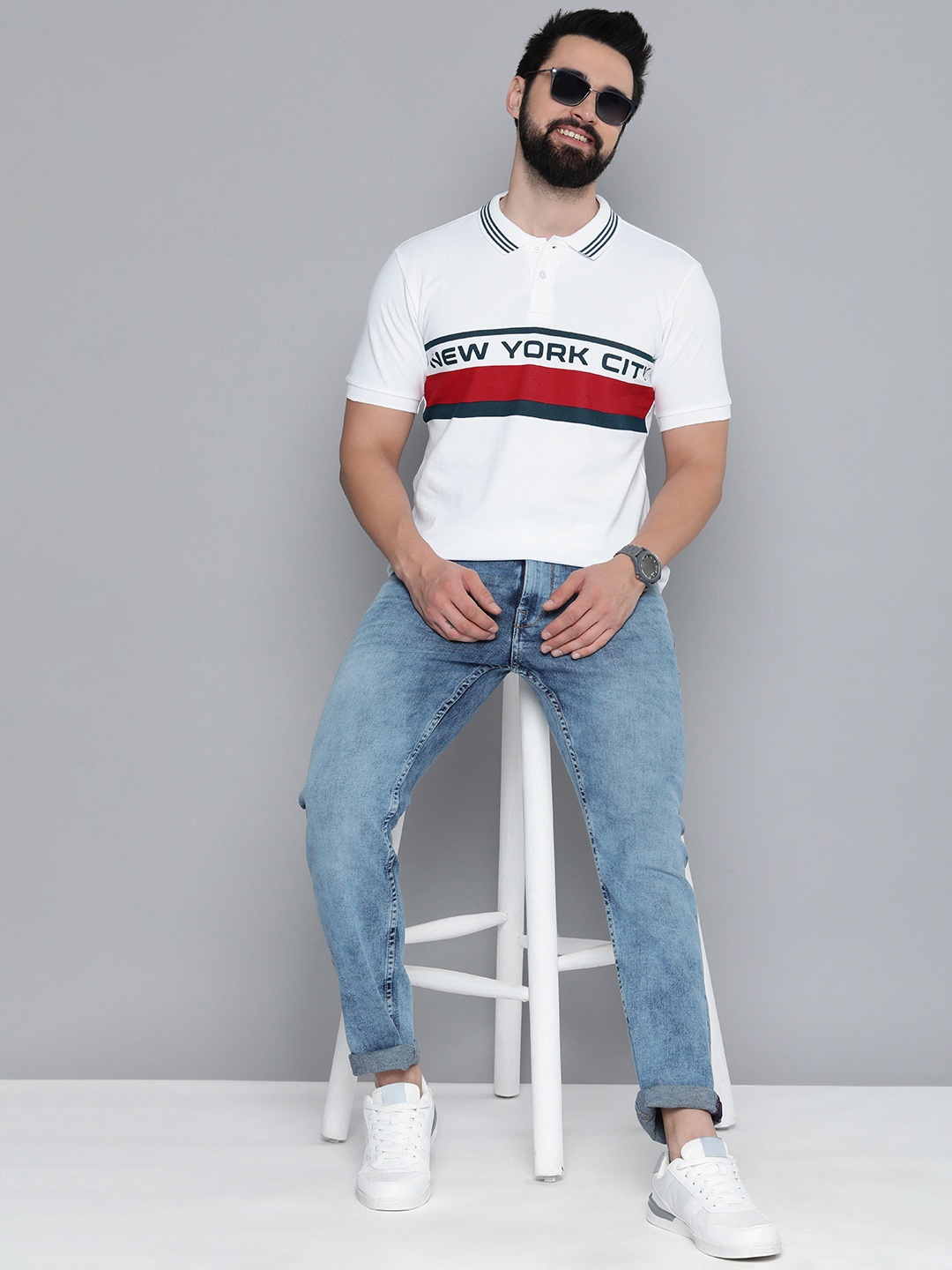 

HERE&NOW Typography Printed Striped Polo Collar Pure Cotton T-shirt, White