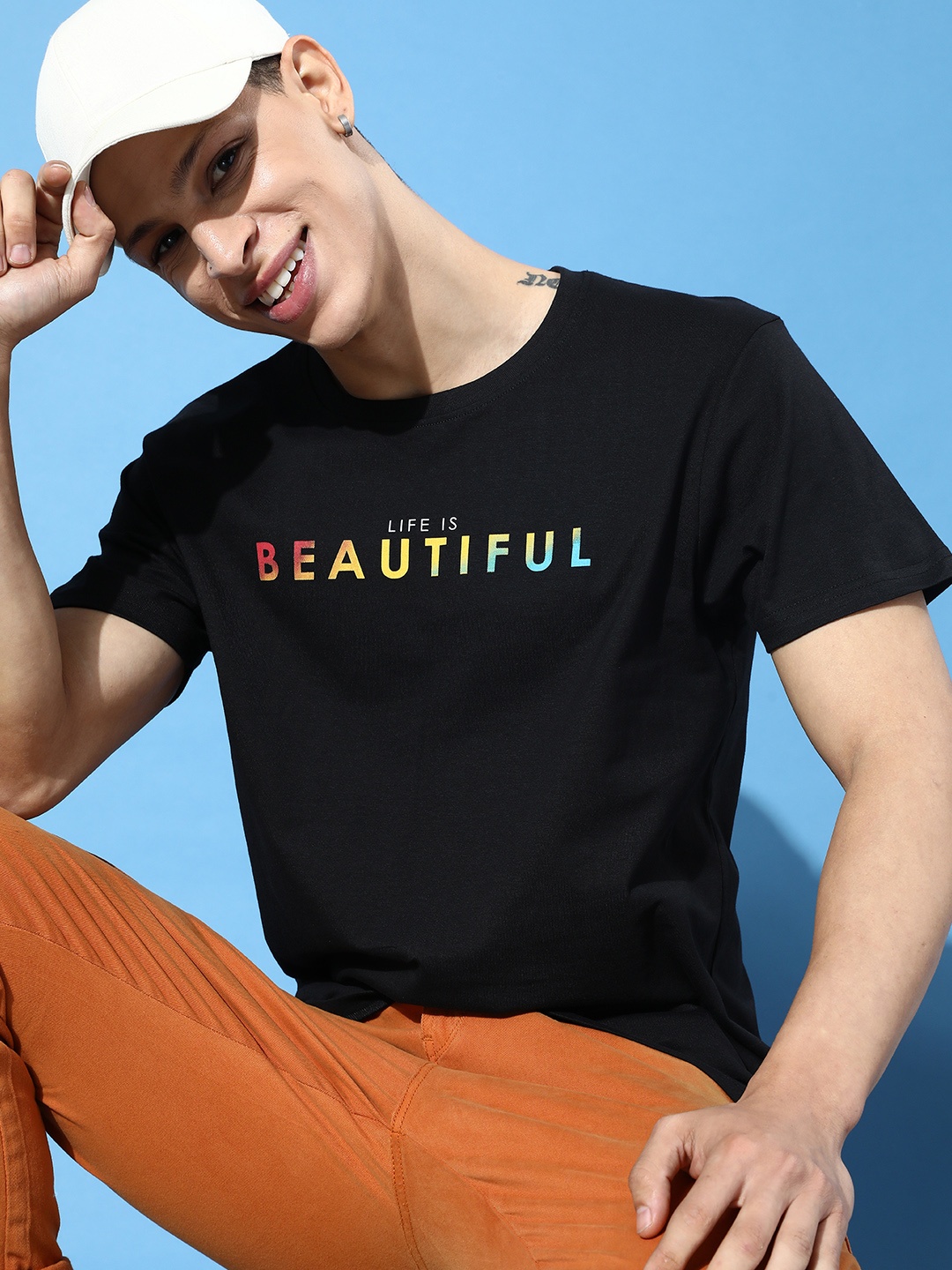 

HERE&NOW Men Inky Black Nostalgic Back To School Typography Printed Pure Cotton T-shirt