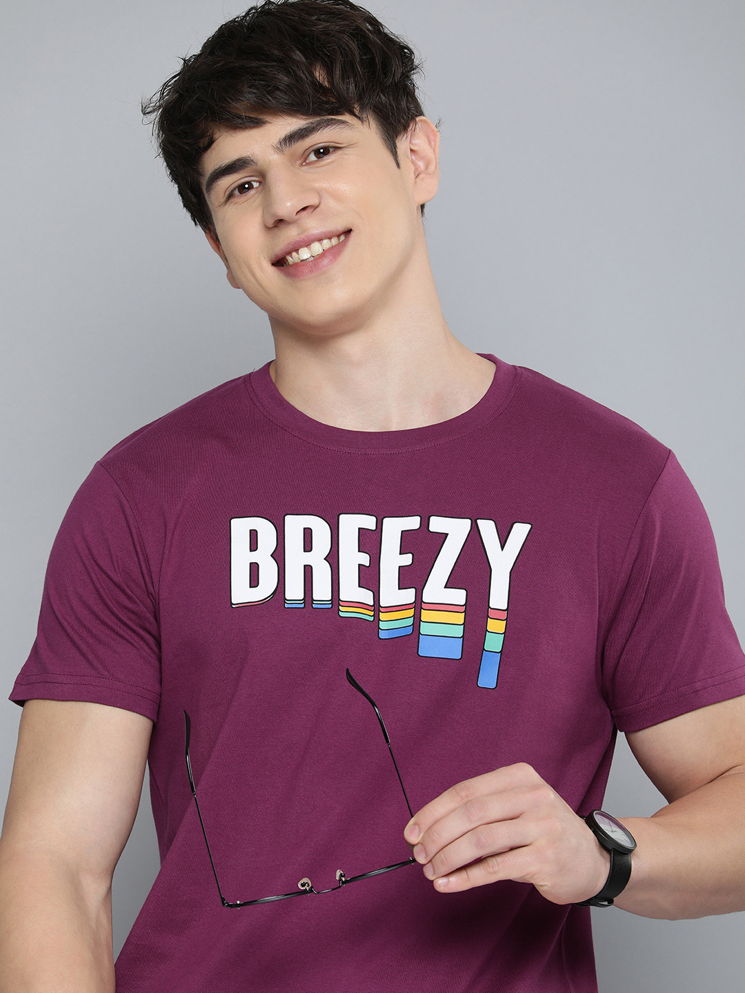 

HERE&NOW Typography Printed Pure Cotton Casual T-shirt, Purple