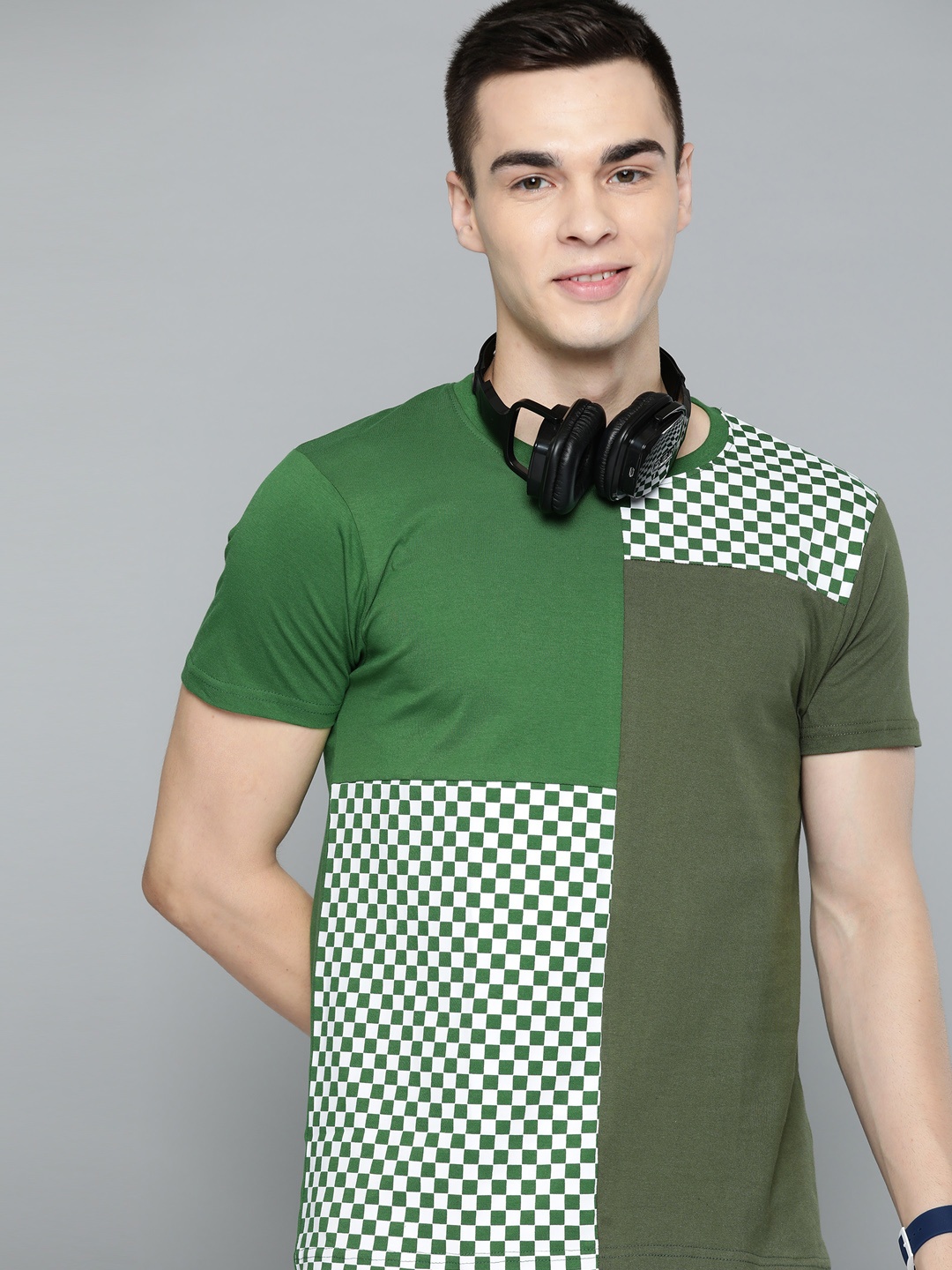 

HERE&NOW Checked Colourblocked Pure Cotton T-shirt, Green