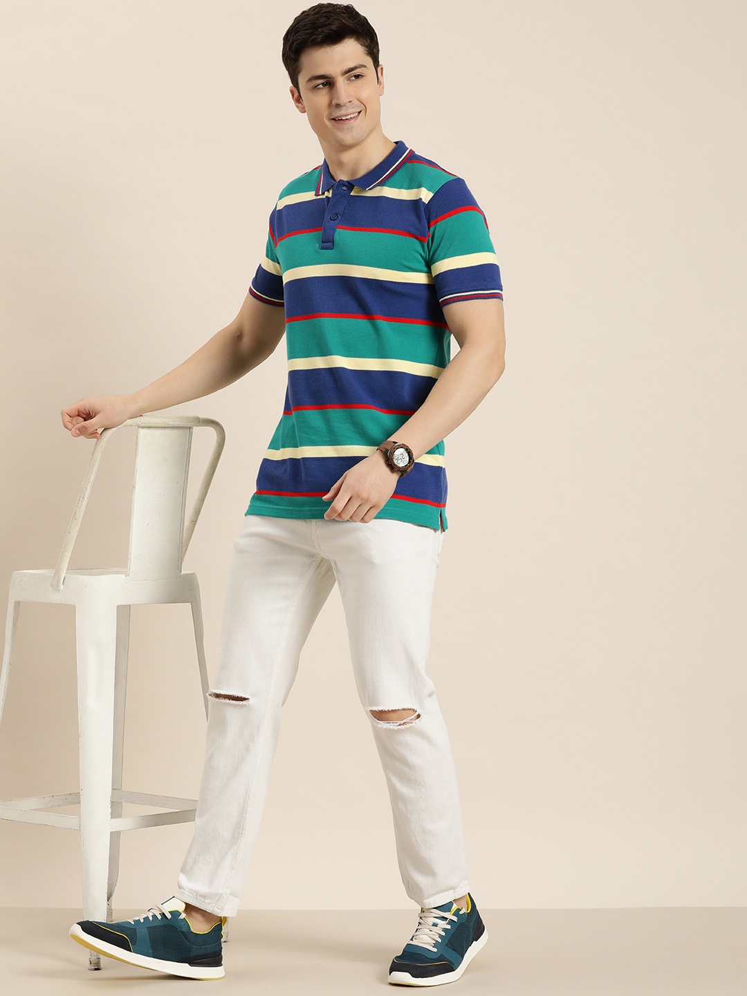 

HERE&NOW Men Colourblocked Polo Collar T-shirt, Blue