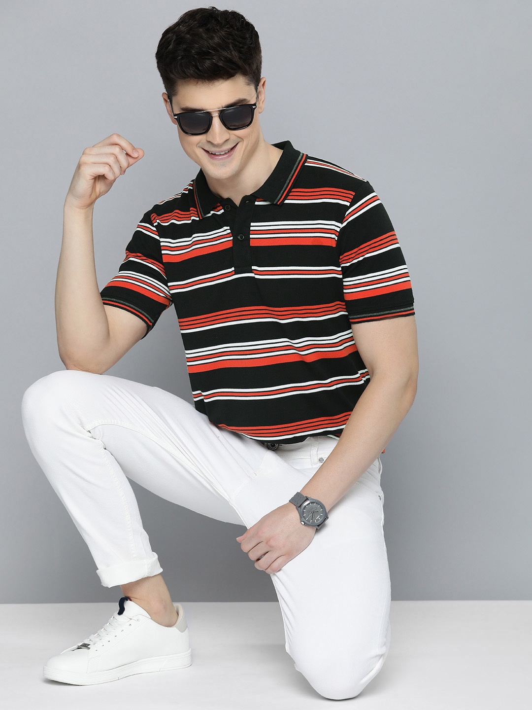 

HERE&NOW Men Striped Polo Collar T-shirt, Black