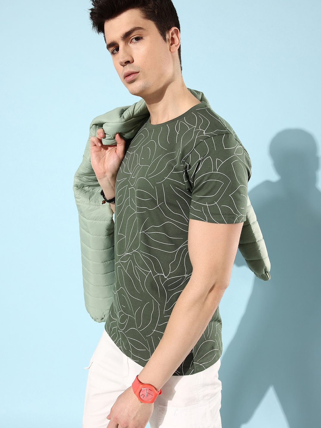 

HERE&NOW Leafy Olive Green Abstract Printed Reimagined Logo Pure Cotton T-shirt