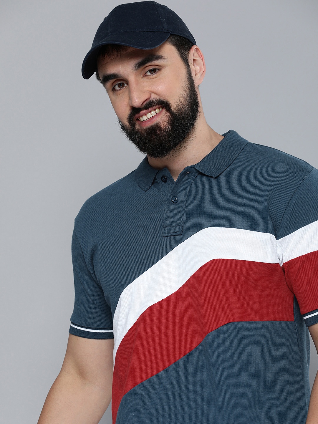 

HERE&NOW Colourblocked Polo Collar Pure Cotton T-shirt, Teal