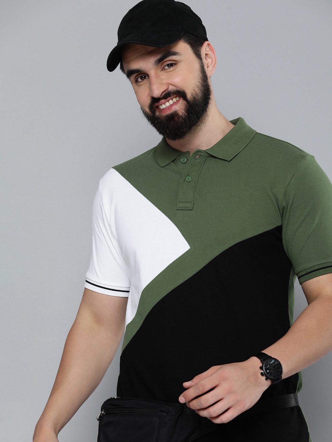 

HERE&NOW Colourblocked Polo Collar Pure Cotton T-shirt, Black