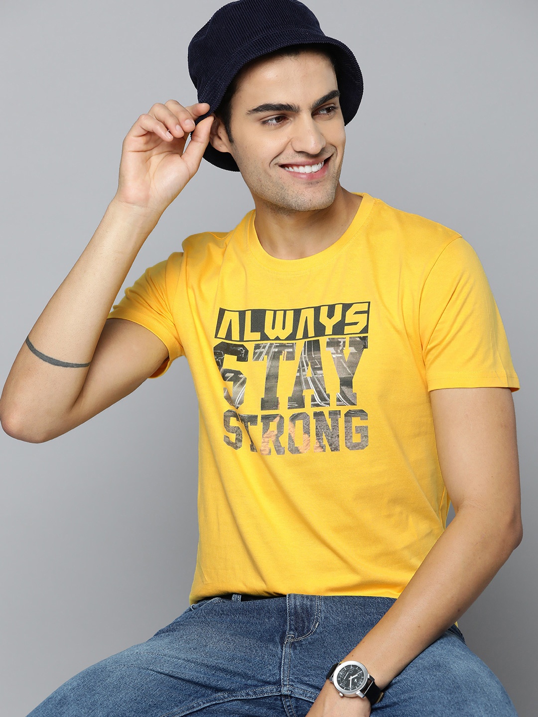 

HERE&NOW Typography Printed Pure Cotton T-shirt, Yellow