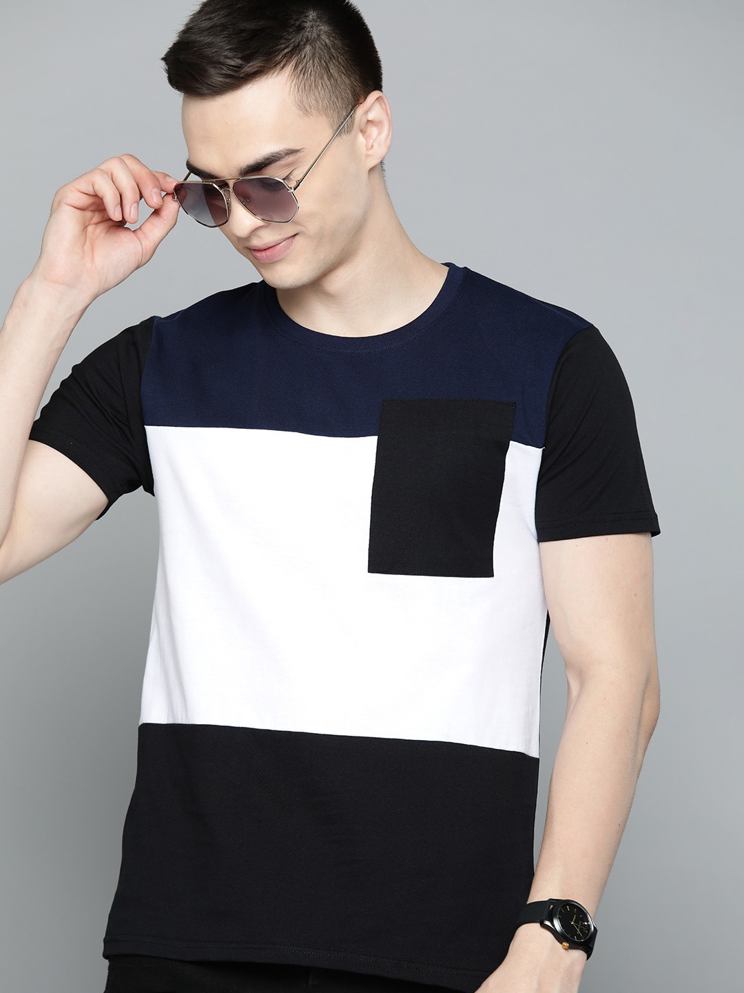 

HERE&NOW Colourblocked Pure Cotton T-shirt, Black