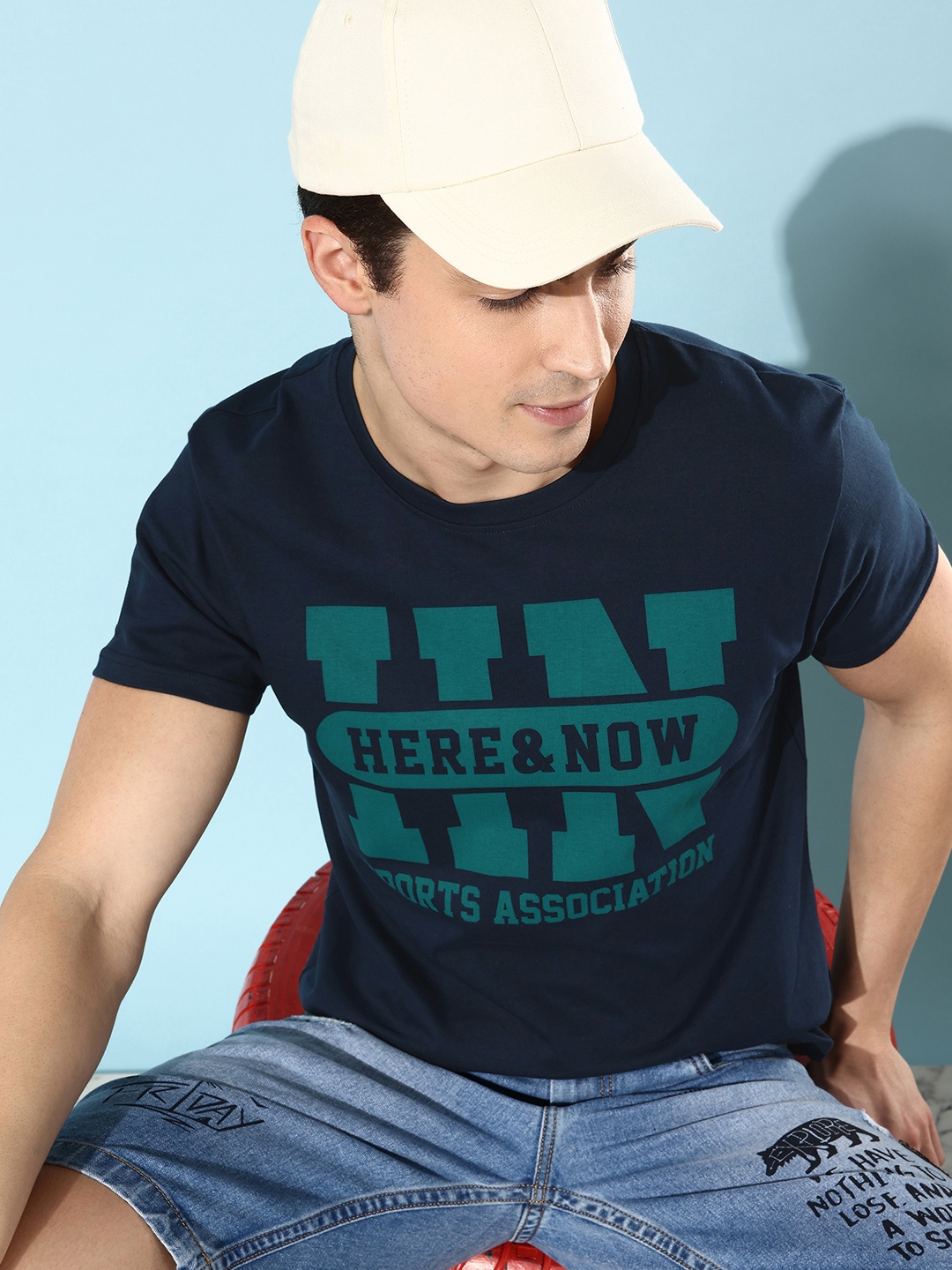 

HERE&NOW Deep Navy Blue & Green Typography Printed Reimagined Logo Pure Cotton T-shirt